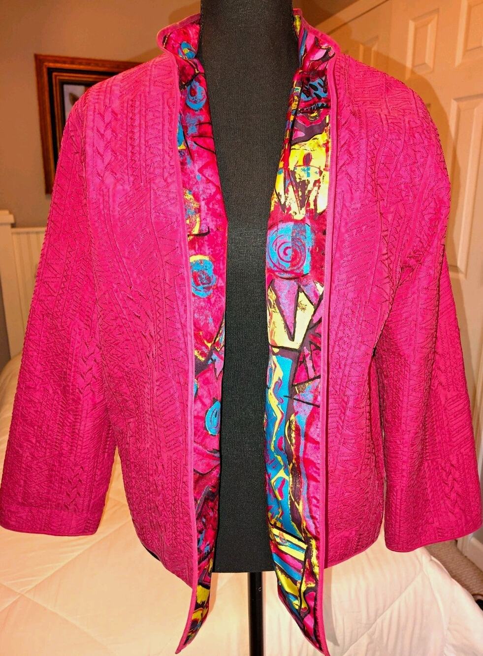 Chico's 100% Silk Quilted Embroidered Open Front Jacket Fuchsia Pink Size 1/Med